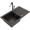 Mexen Pablo 1-compartment granite sink with a drip tray and kitchen mixer tap Flora, Black/Gold metallic - 6510-75-670401-07-B