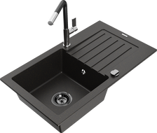 Mexen Pablo 1-compartment granite sink with a drip tray and kitchen mixer tap Flora, Black/Gold metallic - 6510-75-670401-07-B