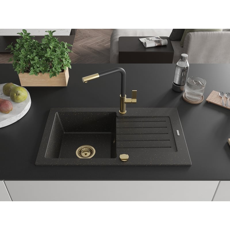 Mexen Pablo granite kitchen sink 1-bowl with drainer and Flora kitchen mixer, black/gold metallic - 6510-75-670401-57-G