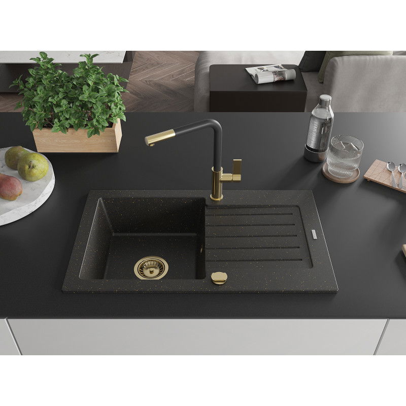 Mexen Pablo granite kitchen sink 1-bowl with drainer and Flora kitchen tap, black/gold metallic - 6510-75-670401-57-G