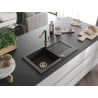 Mexen Pablo 1-bowl granite sink with drainer and Flora kitchen faucet, black/gold metallic - 6510-75-670401-57-G