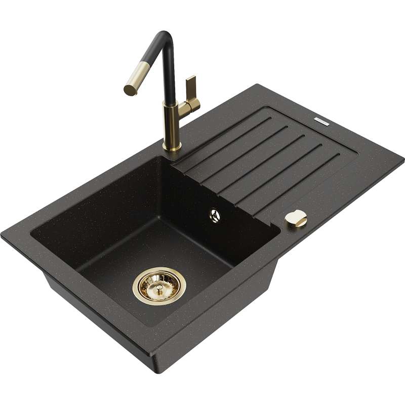 Mexen Pablo 1-compartment granite sink with a drip tray and kitchen mixer tap Flora, Black/Gold metallic - 6510-75-670401-57-G