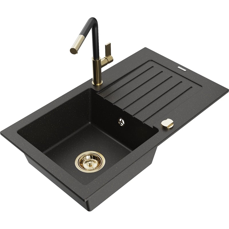 Mexen Pablo granite kitchen sink 1-bowl with drainer and Flora kitchen mixer, black/gold metallic - 6510-75-670401-57-G