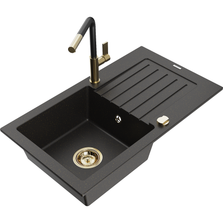 Mexen Pablo granite kitchen sink 1-bowl with drainer and Flora kitchen mixer, black/gold metallic - 6510-75-670401-57-G