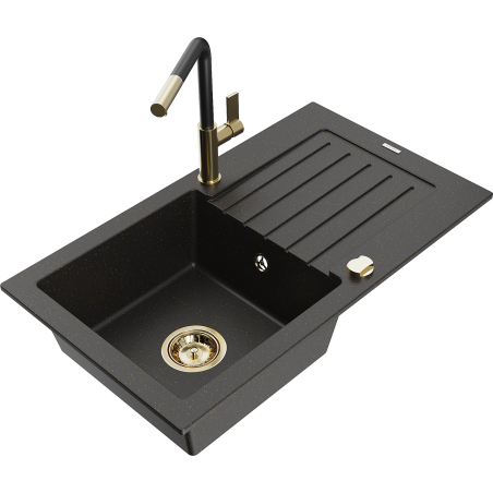 Mexen Pablo granite kitchen sink 1-bowl with drainer and Flora kitchen tap, black/gold metallic - 6510-75-670401-57-G