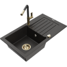 Mexen Pablo 1-bowl granite sink with drainer and Flora kitchen faucet, black/gold metallic - 6510-75-670401-57-G