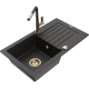 Mexen Pablo granite kitchen sink 1-bowl with drainer and Flora kitchen tap, black/gold metallic - 6510-75-670401-57-G