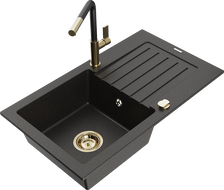 Mexen Pablo granite kitchen sink 1-bowl with drainer and Flora kitchen tap, black/gold metallic - 6510-75-670401-57-G