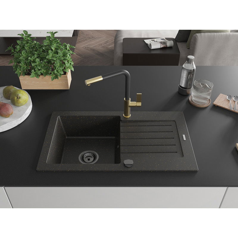 Mexen Pablo 1-bowl granite sink with drainer and Flora kitchen tap, black/golden metallic - 6510-75-670401-57-B