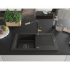 Mexen Pablo granite sink 1-bowl with drainer and Flora kitchen faucet, black/gold metallic - 6510-75-670401-57-B