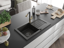 Mexen Pablo granite sink 1-bowl with drainer and Flora kitchen faucet, black/gold metallic - 6510-75-670401-57-B