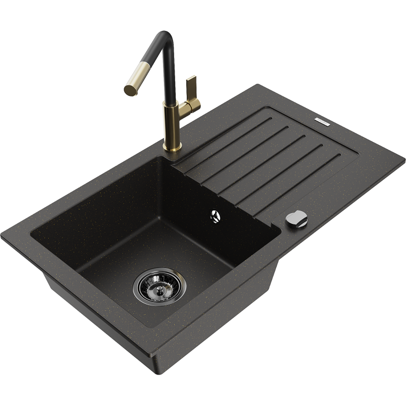 Mexen Pablo 1-bowl granite sink with drainer and Flora kitchen tap, black/golden metallic - 6510-75-670401-57-B