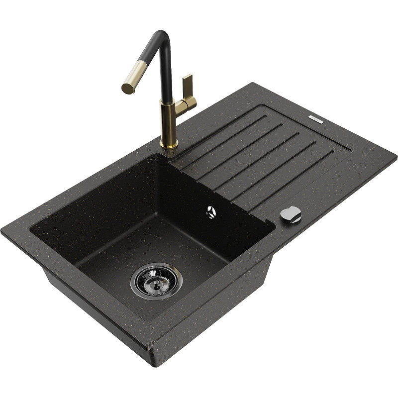 Mexen Pablo granite sink 1-bowl with drainer and Flora kitchen faucet, black/gold metallic - 6510-75-670401-57-B
