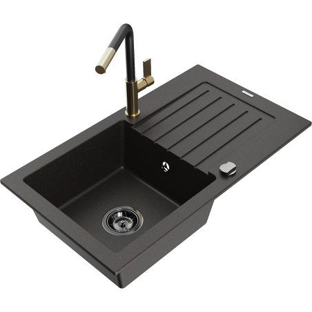 Mexen Pablo granite sink 1-bowl with drainer and Flora kitchen faucet, black/gold metallic - 6510-75-670401-57-B