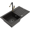 Mexen Pablo granite kitchen sink 1-bowl with drainer and Flora kitchen faucet, black/gold metallic - 6510-75-670401-57-B