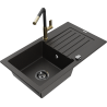 Mexen Pablo granite sink 1-bowl with drainer and Flora kitchen faucet, black/gold metallic - 6510-75-670401-57-B