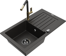 Mexen Pablo granite sink 1-bowl with drainer and Flora kitchen faucet, black/gold metallic - 6510-75-670401-57-B