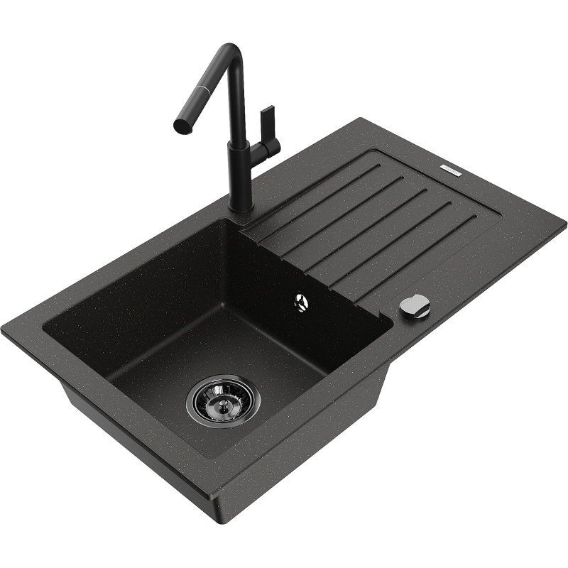 Mexen Pablo 1-bowl granite sink with drainer and Flora kitchen faucet, black/gold metallic - 6510-75-670401-70-B