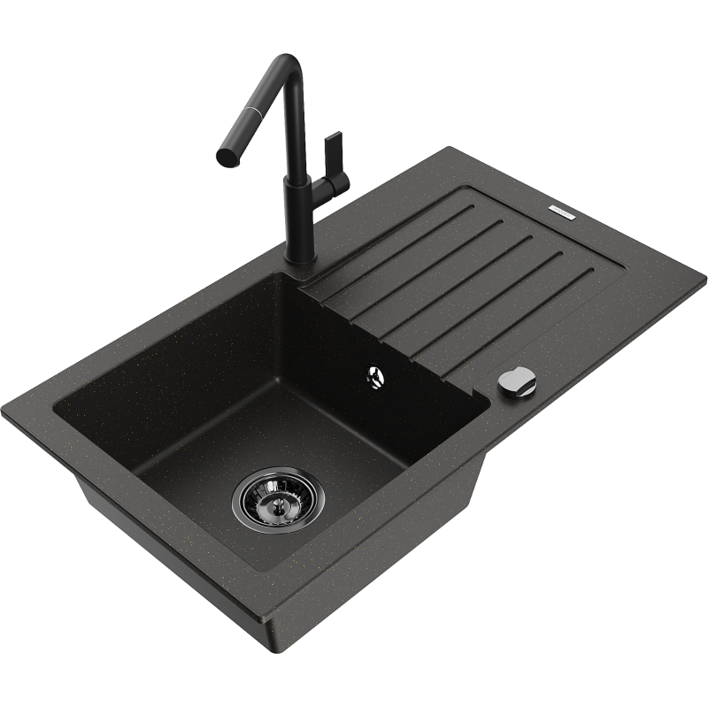 Mexen Pablo granite sink with 1 bowl, drainer, and Flora kitchen tap, black/gold metallic - 6510-75-670401-70-B