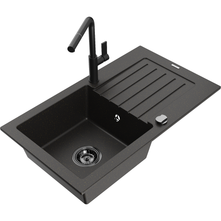 Mexen Pablo 1-bowl granite sink with drainer and Flora kitchen faucet, black/gold metallic - 6510-75-670401-70-B