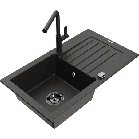 Mexen Pablo granite sink with 1 bowl, drainer, and Flora kitchen tap, black/gold metallic - 6510-75-670401-70-B