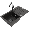 Mexen Pablo 1-bowl granite sink with drainer and Flora kitchen faucet, black/gold metallic - 6510-75-670401-70-B