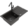Mexen Pablo 1-compartment granite sink with a drip tray and kitchen mixer tap Flora, Black/Gold metallic - 6510-75-670401-70-B