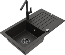 Mexen Pablo 1-bowl granite sink with drainer and Flora kitchen faucet, black/gold metallic - 6510-75-670401-70-B