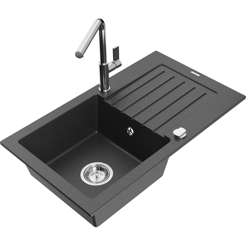 Mexen Pablo 1-compartment granite sink with a drip tray and kitchen mixer tap Flora, spotted black - 6510-76-670401-00