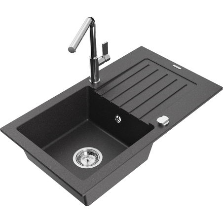 Mexen Pablo 1-bowl granite sink with drainer and Flora kitchen faucet, speckled black - 6510-76-670401-00