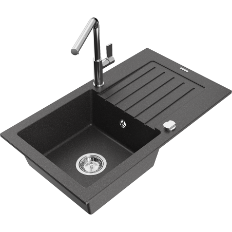 Mexen Pablo 1-bowl granite sink with drainer and Flora kitchen tap, speckled black - 6510-76-670401-00