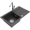 Mexen Pablo 1-Bowl Granite Sink with Drainer and Flora Kitchen Faucet, Black Speckled - 6510-76-670401-00