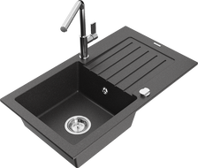 Mexen Pablo 1-Bowl Granite Sink with Drainer and Flora Kitchen Faucet, Black Speckled - 6510-76-670401-00