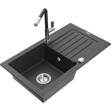 Mexen Pablo granite single-bowl sink with drainer and Flora kitchen faucet, black speckled - 6510-76-670401-07