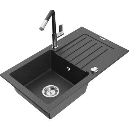 Mexen Pablo granite sink 1-bowl with drainer and kitchen tap Flora, black speckled - 6510-76-670401-07