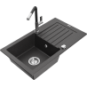 Mexen Pablo granite single-bowl sink with drainer and Flora kitchen faucet, black speckled - 6510-76-670401-07