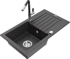 Mexen Pablo granite single-bowl sink with drainer and Flora kitchen faucet, black speckled - 6510-76-670401-07
