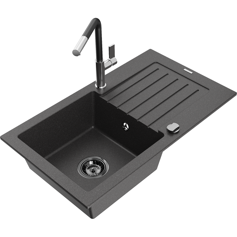 Mexen Pablo 1-compartment granite sink with a drip tray and kitchen mixer tap Flora, spotted black - 6510-76-670401-07-B