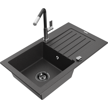 Mexen Pablo granite kitchen sink 1-bowl with drainer and Flora kitchen faucet, black speckled - 6510-76-670401-07-B