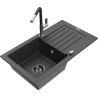 Mexen Pablo 1-bowl granite kitchen sink with drainer and Flora kitchen faucet, speckled black - 6510-76-670401-07-B