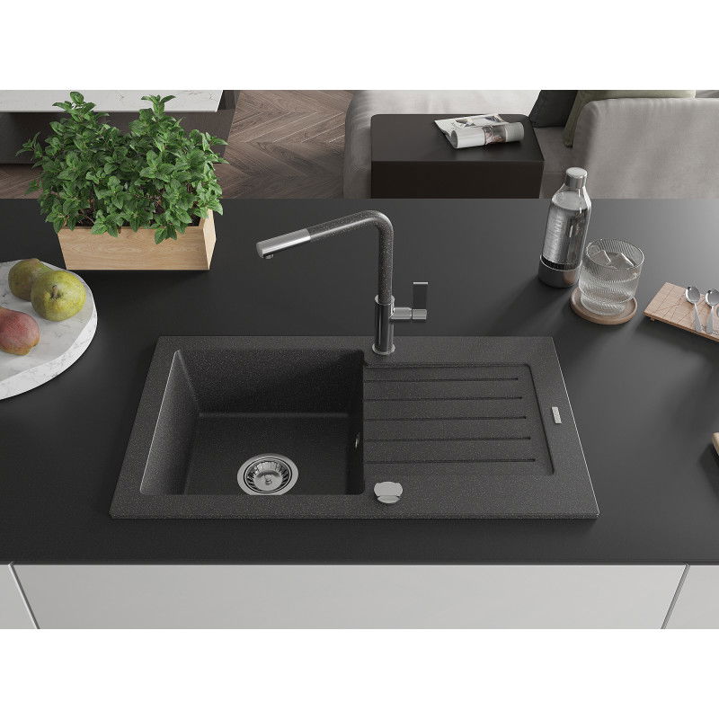 Mexen Pablo granite kitchen sink 1-bowl with drainer and Flora kitchen tap, black speckled - 6510-76-670401-08