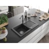 Mexen Pablo granite kitchen sink with 1-bowl, drainer and Flora kitchen faucet, speckled black - 6510-76-670401-08