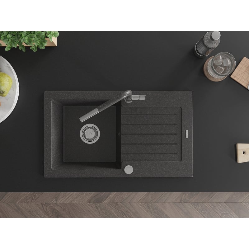 Mexen Pablo granite kitchen sink with 1-bowl, drainer and Flora kitchen faucet, speckled black - 6510-76-670401-08