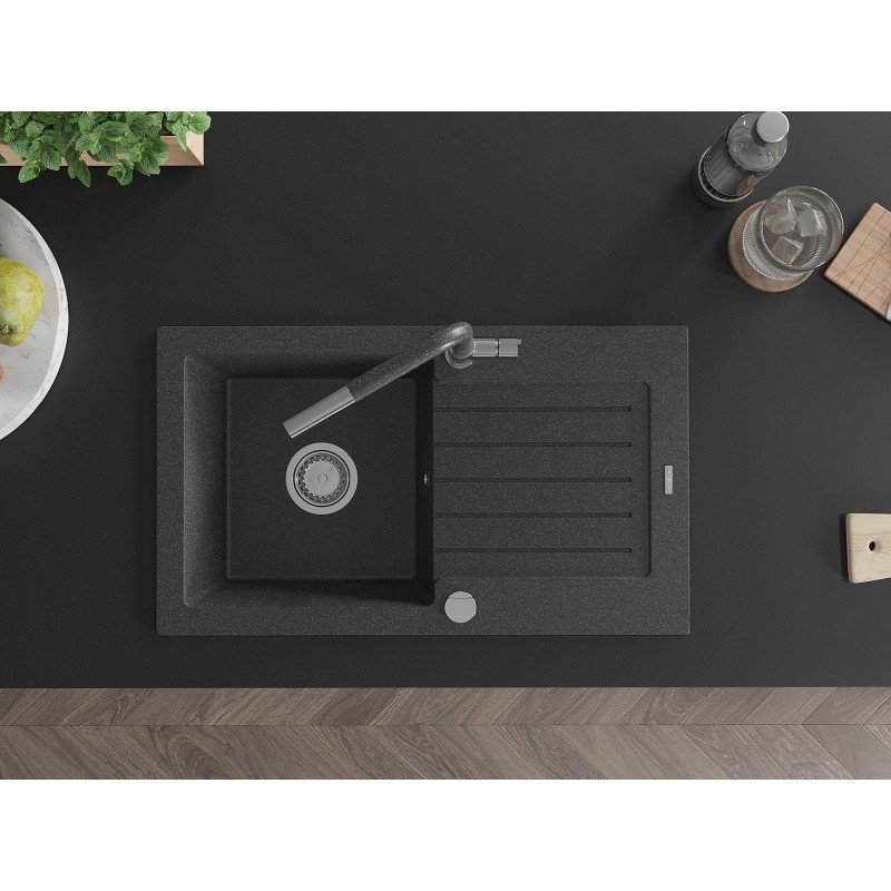 Mexen Pablo granite sink 1-bowl with drainer and Flora kitchen faucet, speckled black - 6510-76-670401-08