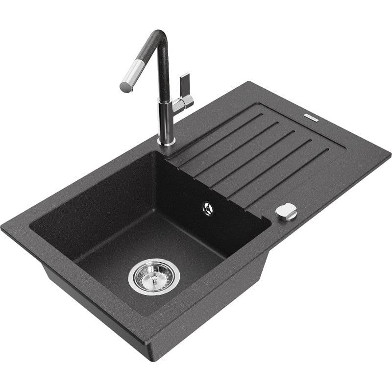 Mexen Pablo granite kitchen sink with 1-bowl, drainer and Flora kitchen faucet, speckled black - 6510-76-670401-08