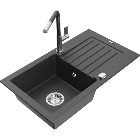 Mexen Pablo granite kitchen sink with 1-bowl, drainer and Flora kitchen faucet, speckled black - 6510-76-670401-08