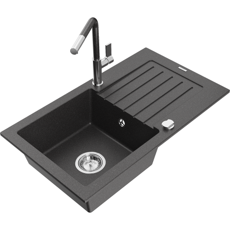 Mexen Pablo granite sink 1-bowl with drainer and Flora kitchen faucet, speckled black - 6510-76-670401-08
