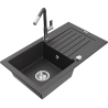 Mexen Pablo 1-compartment granite sink with a drip tray and kitchen mixer tap Flora, Black/Gold metallic - 6510-76-670401-08