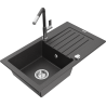 Mexen Pablo granite kitchen sink 1-bowl with drainer and Flora kitchen tap, black speckled - 6510-76-670401-08