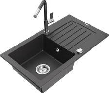 Mexen Pablo 1-compartment granite sink with a drip tray and kitchen mixer tap Flora, Black/Gold metallic - 6510-76-670401-08